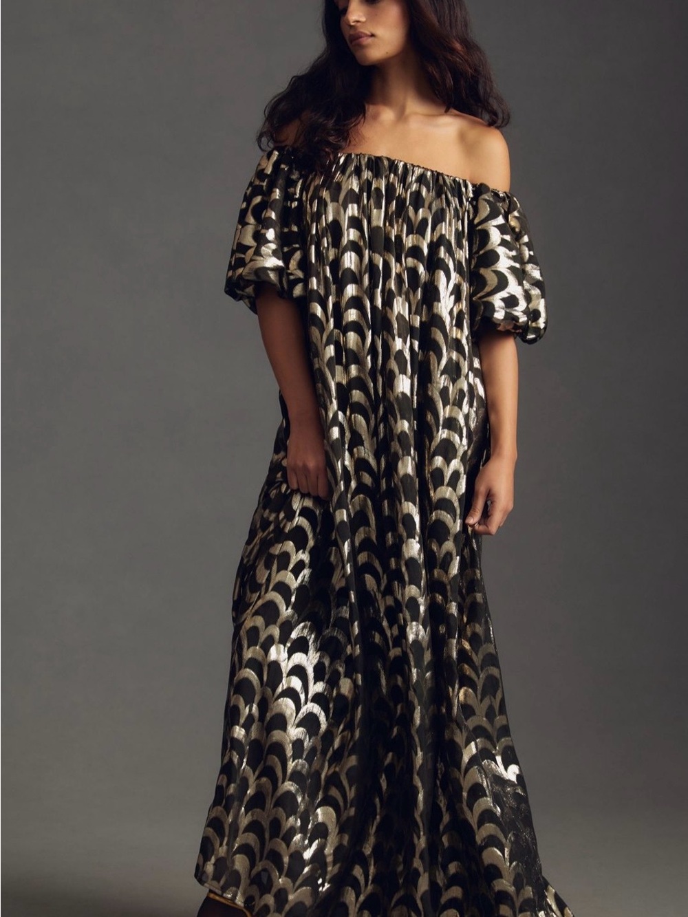 Delfi Collective Off-Shoulder Metallic Black & Gold Maxi Dress